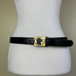 Barlow Vintage Belt Brass Buckle with Dog Black Leather Hunting Retro Sz XS-S